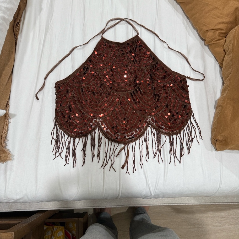 12th Tribe Cleo Espresso Beaded Halter Top Large